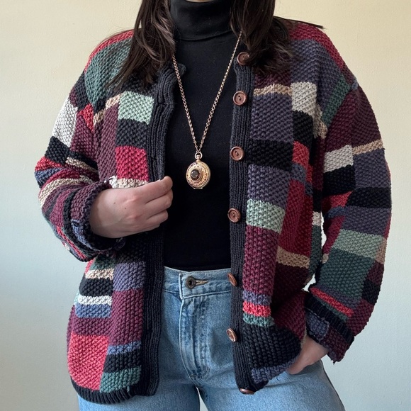 American Vintage Sweaters - Vintage Multicolor Patchwork Knit Cardigan
